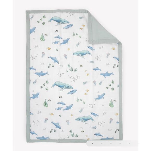 Little Unicorn Cotton Muslin Crib Quilt - WHALES - Picture 1 of 6